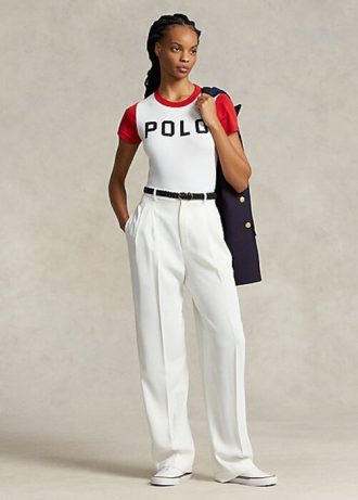 Naisten valkoiset Ralph Lauren suoralahkeiset satiinihousut Naisten valkoiset Ralph Lauren suoralahkeiset satiinihousut