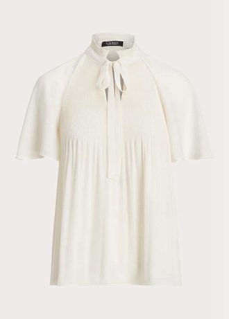 Naisten valkoiset Ralph Laurenin laskostetut Georgette-topit Naisten valkoiset Ralph Laurenin laskostetut Georgette-topit