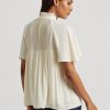 Naisten valkoiset Ralph Laurenin laskostetut Georgette-topit Naisten valkoiset Ralph Laurenin laskostetut Georgette-topit