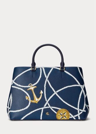 Nautical Rope Print naisten Ralph Lauren Crosshatch -nahkaiset suuret Hanna-laukut