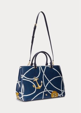 Nautical Rope Print naisten Ralph Lauren Crosshatch -nahkaiset suuret Hanna-laukut