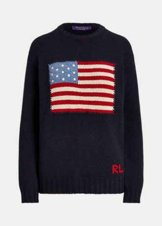 Navy naisten Ralph Lauren Flag Cashmere Crewneck neulepuserot