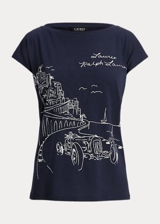 Navy naisten Ralph Lauren Graphic Jersey T-paidat