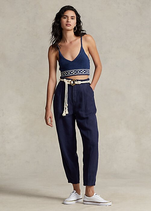 Navy naisten Ralph Lauren laskostettu pellava-sekoite Twill Pants Navy naisten Ralph Lauren laskostettu pellava-sekoite Twill Pants