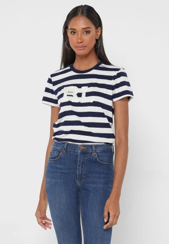 Navy naisten Ralph Lauren Striped Crew Neck T-paidat
