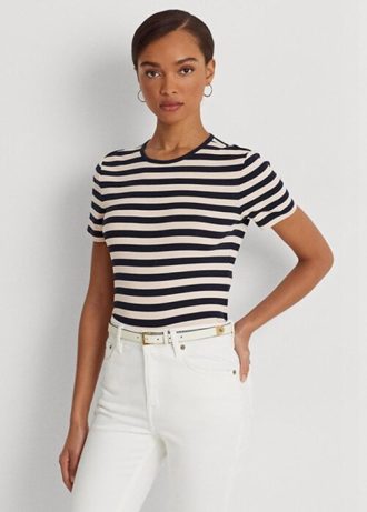 Navy naisten Ralph Lauren Striped Stretch Cotton T-paidat