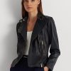 Navy naisten Ralph Laurenin tumbled nahkaiset mototakit Navy naisten Ralph Laurenin tumbled nahkaiset mototakit