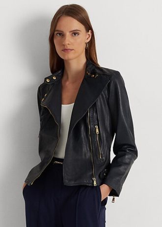 Navy naisten Ralph Laurenin tumbled nahkaiset mototakit Navy naisten Ralph Laurenin tumbled nahkaiset mototakit