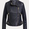 Navy naisten Ralph Laurenin tumbled nahkaiset mototakit Navy naisten Ralph Laurenin tumbled nahkaiset mototakit