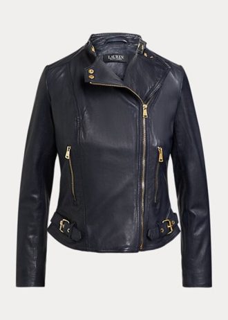 Navy naisten Ralph Laurenin tumbled nahkaiset mototakit Navy naisten Ralph Laurenin tumbled nahkaiset mototakit