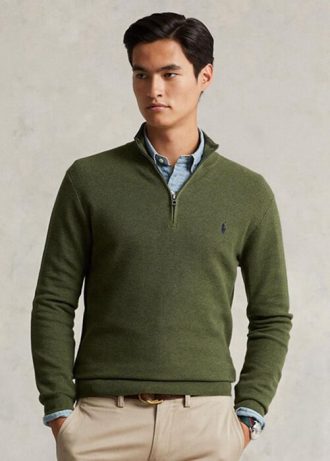 Oliivi miesten Ralph Lauren verkkoneulotut puuvillaiset neulepuserot Oliivi miesten Ralph Lauren verkkoneulotut puuvillaiset neulepuserot