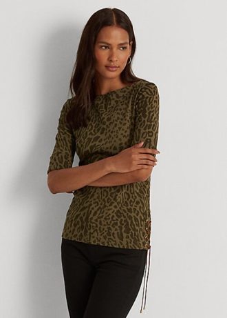 Oliivinväriset naisten Ralph Lauren Ocelot-printtipuuvillaiset topit Oliivinväriset naisten Ralph Lauren Ocelot-printtipuuvillaiset topit