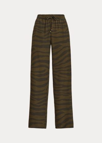 Oliivinväriset naisten Ralph Lauren Zebra-printtileveät kreppihousut Oliivinväriset naisten Ralph Lauren Zebra-printtileveät kreppihousut