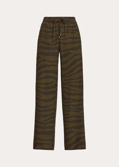 Oliivinväriset naisten Ralph Lauren Zebra-printtileveät kreppihousut Oliivinväriset naisten Ralph Lauren Zebra-printtileveät kreppihousut