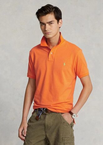Oranssi miesten Ralph Lauren mukautetut Slim Fit mesh poolopaidat Oranssi miesten Ralph Lauren mukautetut Slim Fit mesh poolopaidat