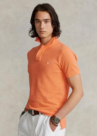 Oranssi miesten Ralph Lauren mukautetut Slim Fit mesh poolopaidat Oranssi miesten Ralph Lauren mukautetut Slim Fit mesh poolopaidat