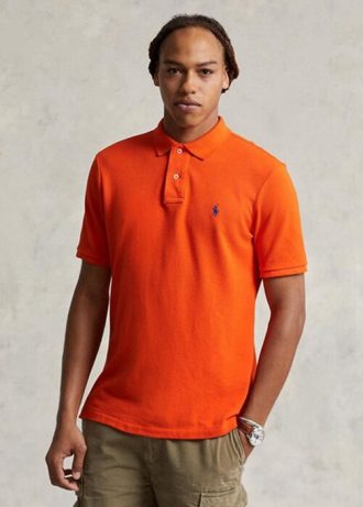 Oranssi miesten Ralph Lauren mukautetut Slim Fit mesh poolopaidat Oranssi miesten Ralph Lauren mukautetut Slim Fit mesh poolopaidat