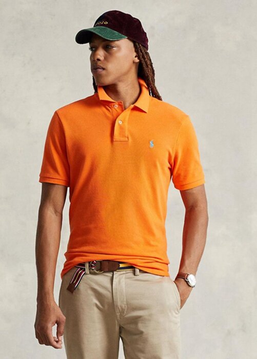 Oranssi miesten Ralph Lauren mukautetut Slim Fit mesh poolopaidat Oranssi miesten Ralph Lauren mukautetut Slim Fit mesh poolopaidat