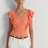 Oranssi naisten Ralph Lauren Ruffle-reunus Rib-neule T-paidat Oranssi naisten Ralph Lauren Ruffle-reunus Rib-neule T-paidat