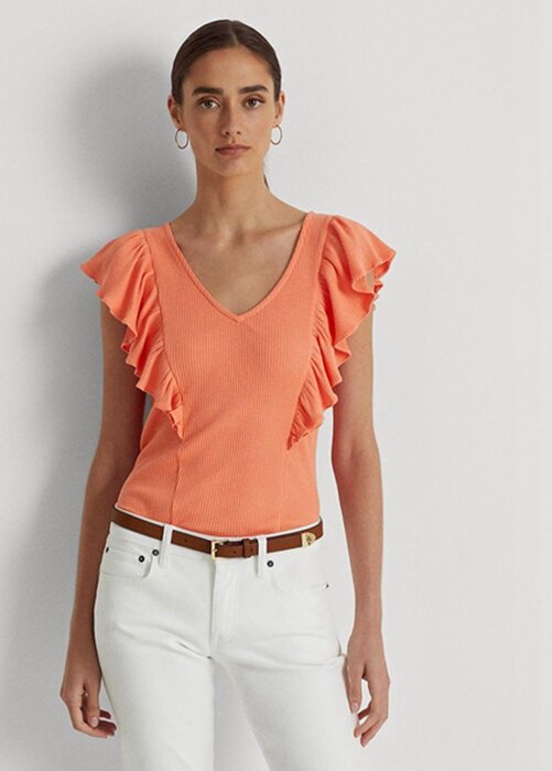 Oranssi naisten Ralph Lauren Ruffle-reunus Rib-neule T-paidat Oranssi naisten Ralph Lauren Ruffle-reunus Rib-neule T-paidat