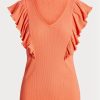 Oranssi naisten Ralph Lauren Ruffle-reunus Rib-neule T-paidat Oranssi naisten Ralph Lauren Ruffle-reunus Rib-neule T-paidat