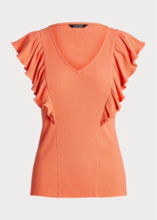 Oranssi naisten Ralph Lauren Ruffle-reunus Rib-neule T-paidat Oranssi naisten Ralph Lauren Ruffle-reunus Rib-neule T-paidat