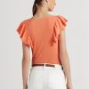 Oranssi naisten Ralph Lauren Ruffle-reunus Rib-neule T-paidat Oranssi naisten Ralph Lauren Ruffle-reunus Rib-neule T-paidat