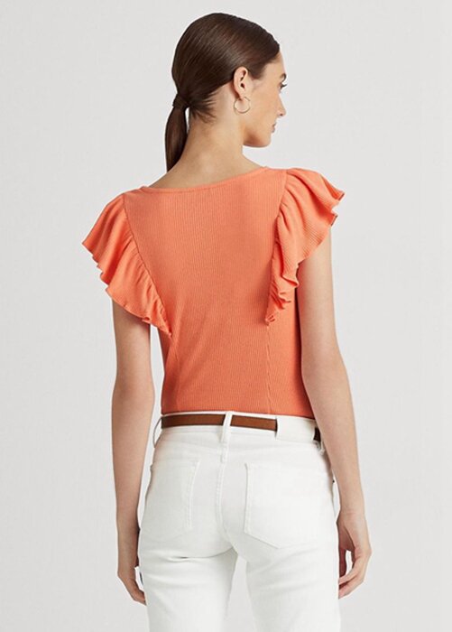 Oranssi naisten Ralph Lauren Ruffle-reunus Rib-neule T-paidat Oranssi naisten Ralph Lauren Ruffle-reunus Rib-neule T-paidat