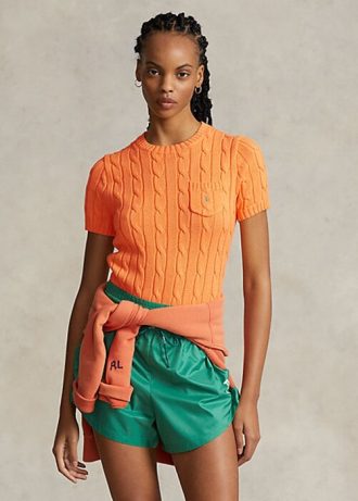 Oranssit naisten Ralph Lauren kaapeli-neulotut puuvillaiset lyhythihaiset neuleet Oranssit naisten Ralph Lauren kaapeli-neulotut puuvillaiset lyhythihaiset neuleet