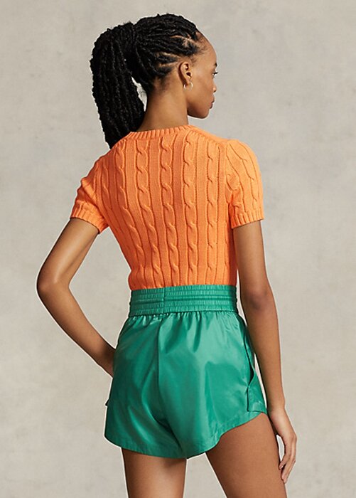 Oranssit naisten Ralph Lauren kaapeli-neulotut puuvillaiset lyhythihaiset neuleet Oranssit naisten Ralph Lauren kaapeli-neulotut puuvillaiset lyhythihaiset neuleet