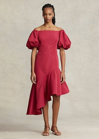 Punainen naisten Ralph Lauren röyhelöinen epäsymmetrinen taftipuku