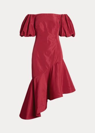 Punainen naisten Ralph Lauren röyhelöinen epäsymmetrinen taftipuku