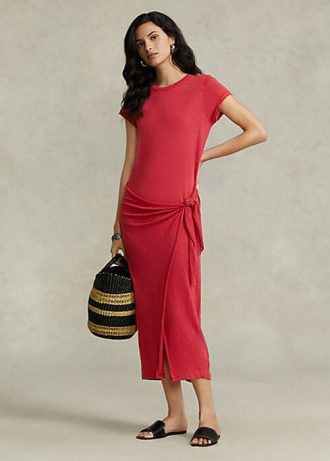 Punainen naisten Ralph Lauren Tie-Detail pellava Jersey mekko