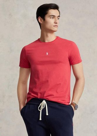 Punaiset miesten Ralph Lauren mukautetut Slim Fit Crewneck T-paidat Punaiset miesten Ralph Lauren mukautetut Slim Fit Crewneck T-paidat