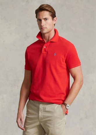 Punaiset miesten Ralph Lauren mukautetut Slim Fit mesh poolopaidat Punaiset miesten Ralph Lauren mukautetut Slim Fit mesh poolopaidat