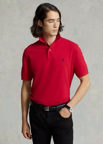 Punaiset miesten Ralph Lauren Slim Fit mesh poolopaidat Punaiset miesten Ralph Lauren Slim Fit mesh poolopaidat