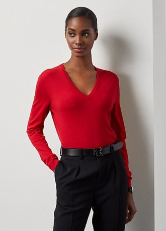 Punaiset naisten Ralph Lauren villaiset pitkähihaiset V-kaula-aukkoiset neuleet Punaiset naisten Ralph Lauren villaiset pitkähihaiset V-kaula-aukkoiset neuleet