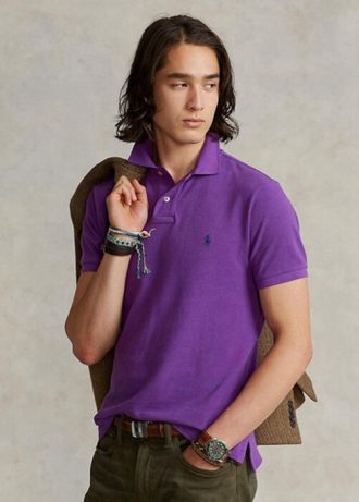 Purppura miesten Ralph Lauren mukautetut Slim Fit mesh poolopaidat Purppura miesten Ralph Lauren mukautetut Slim Fit mesh poolopaidat