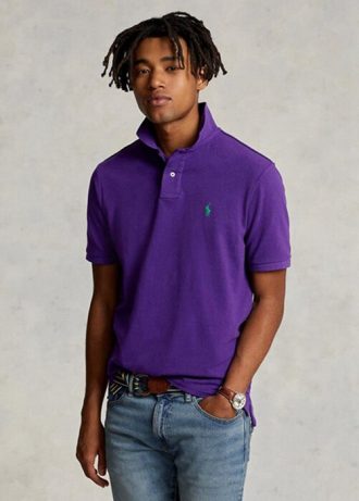 Purppura miesten Ralph Lauren mukautetut Slim Fit mesh poolopaidat Purppura miesten Ralph Lauren mukautetut Slim Fit mesh poolopaidat