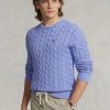 Purppuraiset miesten Ralph Lauren kaapelineulotut puuvillaiset neulepuserot Purppuraiset miesten Ralph Lauren kaapelineulotut puuvillaiset neulepuserot