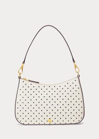 Ranskan laivastonsininen piste/kermanvärinen naisten Ralph Lauren Polka-Dot nahkainen keskikokoinen käsilaukku
