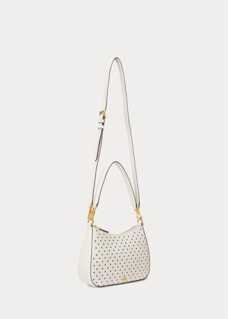 Ranskan laivastonsininen piste/kermanvärinen naisten Ralph Lauren Polka-Dot nahkainen keskikokoinen käsilaukku