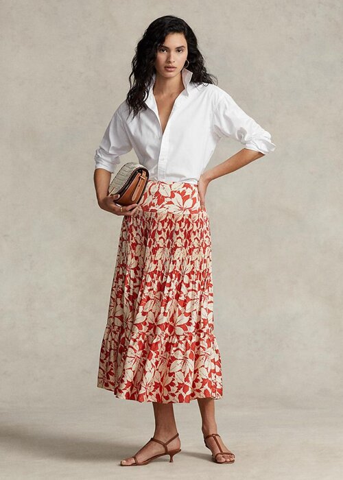 Rose naisten Ralph Lauren Print satiinilaskostetut A-linjaiset midihameet Rose naisten Ralph Lauren Print satiinilaskostetut A-linjaiset midihameet