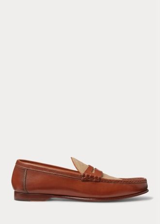 Ruskea miesten Ralph Lauren Chalmers Calfskin & Canvas Penny Loafers