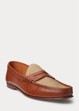 Ruskea miesten Ralph Lauren Chalmers Calfskin & Canvas Penny Loafers
