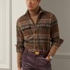 Ruskea miesten Ralph Lauren mokkanahkainen ruudullinen villa Tweed-paidat Ruskea miesten Ralph Lauren mokkanahkainen ruudullinen villa Tweed-paidat