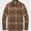Ruskea miesten Ralph Lauren mokkanahkainen ruudullinen villa Tweed-paidat Ruskea miesten Ralph Lauren mokkanahkainen ruudullinen villa Tweed-paidat
