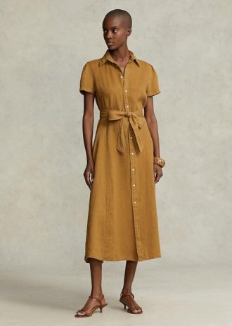 Ruskea naisten Ralph Lauren -pellavallinen lyhythihainen mekko