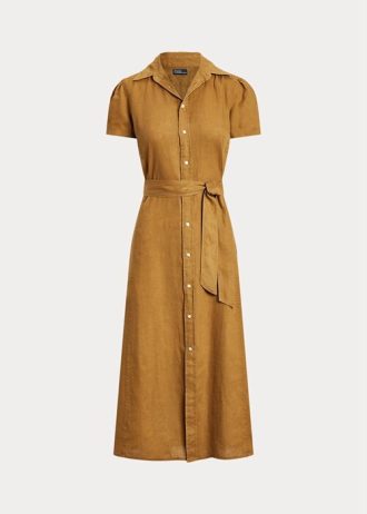 Ruskea naisten Ralph Lauren -pellavallinen lyhythihainen mekko