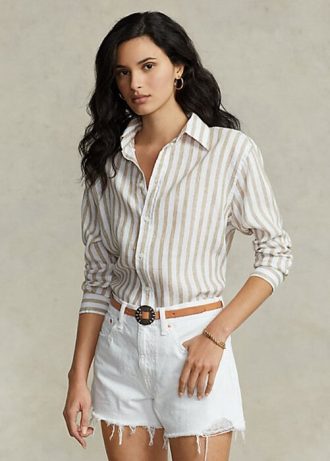 Ruskea / valkoinen Naisten Ralph Lauren Relaxed Fit raidalliset pellavapaidat Ruskea / valkoinen Naisten Ralph Lauren Relaxed Fit raidalliset pellavapaidat